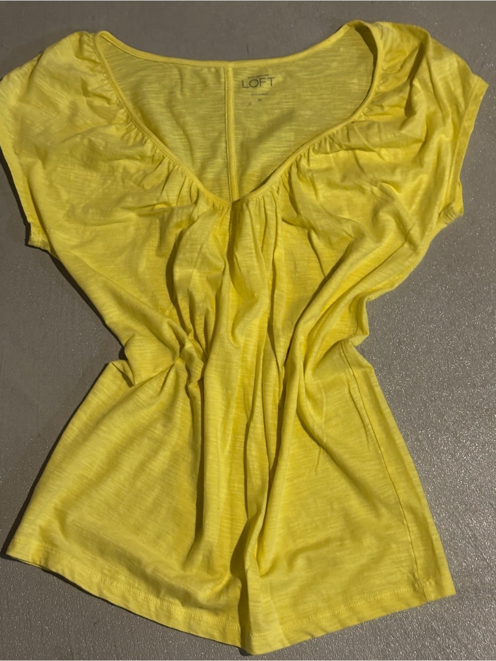 LOFT Bright Yellow V-Neck Short Sleeve Tee with Gathered Detail